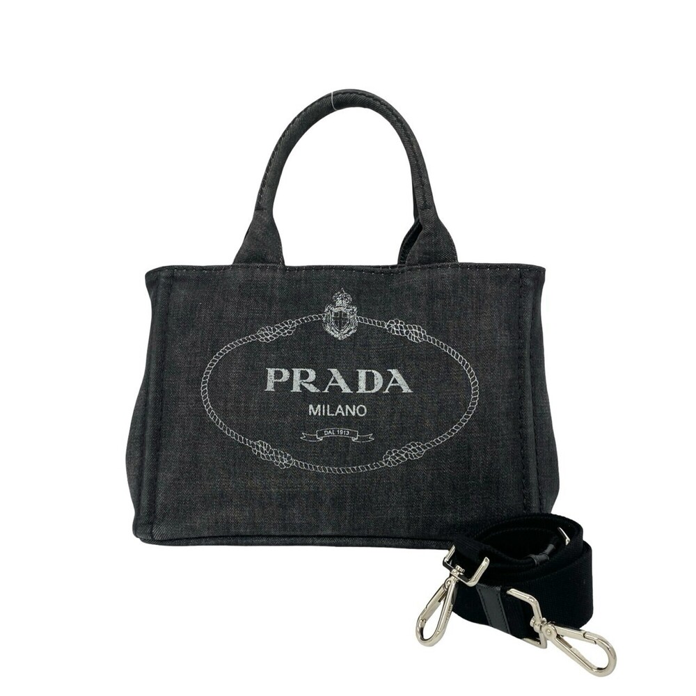 PRADA Canapa Triangle Logo Hardware Cotton Denim 2-Way Shoulder Bag Handbag M...